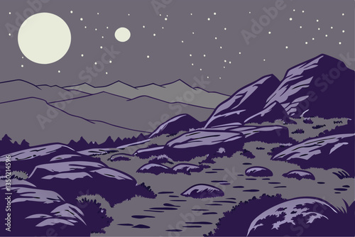 24 Night sky, starry landscape, rocky terrain, large boulders, moonlit mountains, ethereal atmosphere, glowing celestial bodies, cosmic scene, rugged wilderness, dramatic lighting, mystical ambiance, 