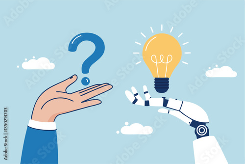 Artificial intelligence AI to help solve problem, chatbot or machine learning to answer hard question, assistance service, technology to help concept, human hand with question mark and AI answer.