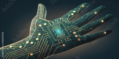 A hand merging with a circuit board, with mesh network lines integrated into the design.