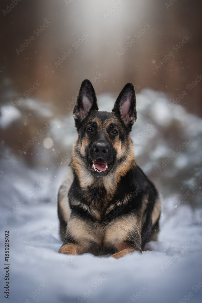 A striking East European Shepherd dog is lying comfortably in a snowy forest, surrounded by gentle snowfall. The tranquil winter scene highlights the dog's alert expression and majestic fur A striking East European Shepherd dog is lying comfortably in a snowy forest, surrounded by gentle snowfall. The tranquil winter scene highlights the dog's alert expression and majestic fur