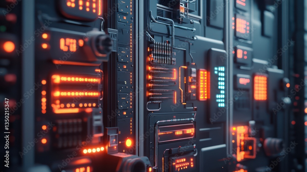 Obraz premium Futuristic Control Panel, Glowing Orange, Sci-Fi Background, Tech Interface