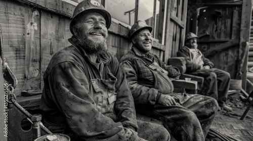 Happy miners resting with coal mine.