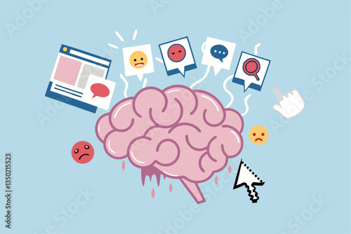 Brain rot toxic social media addiction causing depression, anxiety and negative harmful mind, online overwhelmed, cyber bullying or doomscrolling concept, human brain rot with toxic social media.