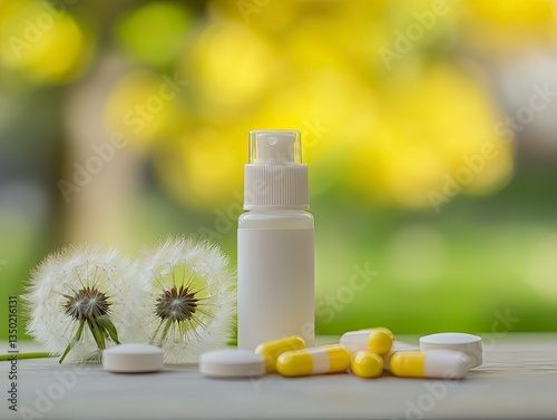 Allergy Treatment Concept Spray Bottle with Dandelions and Medicine Pills