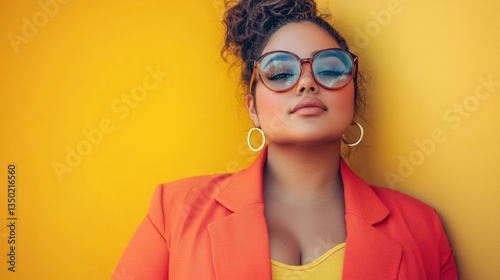 Stylish woman in orange blazer against yellow wall