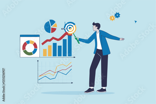 Financial data, investment chart and graph diagram, accounting report, datum growth, marketing analysis, statistics presentation concept, businessman present financial data diagram with dollar sign.