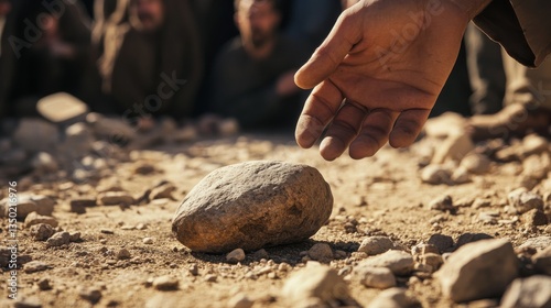 Close-up of a person throwing a stone on the ground after Jesus Christ said: 