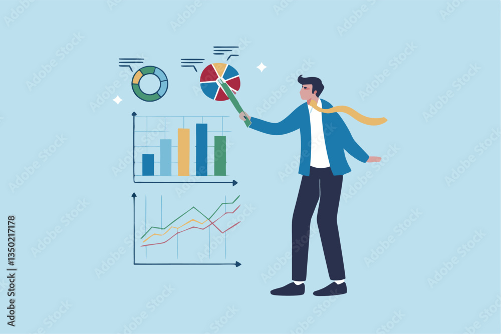 Obraz premium Financial data, investment chart and graph diagram, accounting report, datum growth, marketing analysis, statistics presentation concept, businessman present financial data diagram with dollar sign.