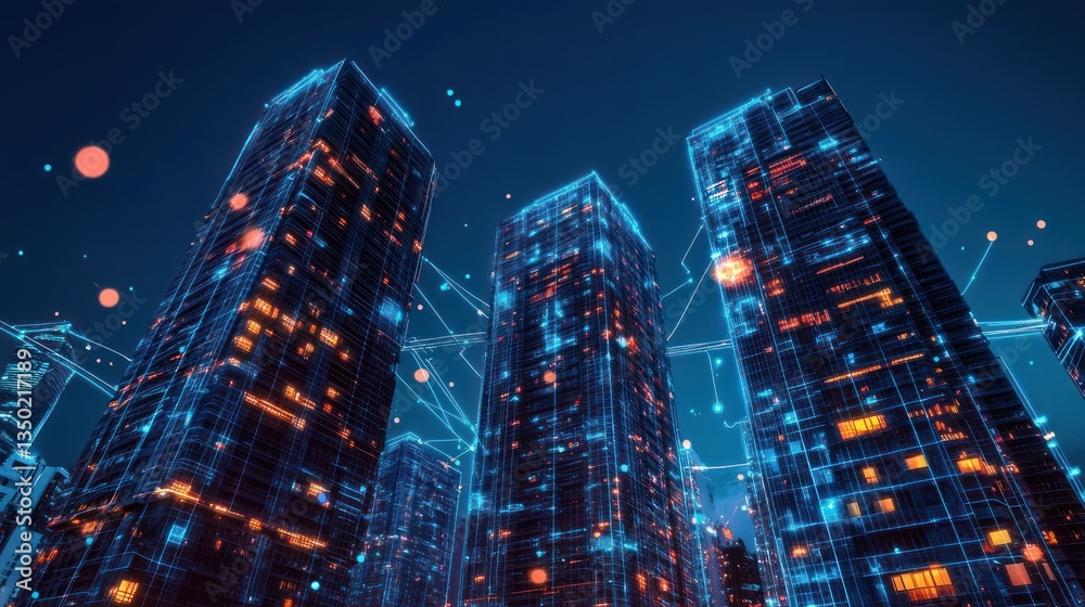 Fototapeta premium Futuristic city skyscrapers at night, interconnected network. Possible use stock photo for technology, innovation, digital city, business, cityscape