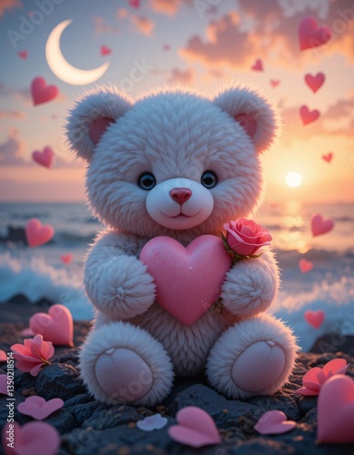 Enchanting Coastal Scene with Fluffy Teddy Bear and Romantic Sunset Glow