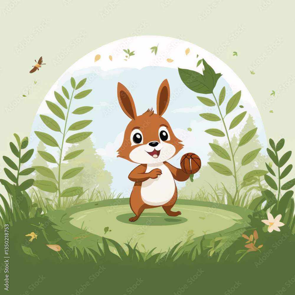 Obraz premium Cheerful cartoon squirrel playing with acorn in a green forest 