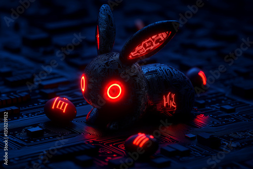 Cyberpunk Easter art with glowing tech bunny and eggs. Neon pet on circuit board