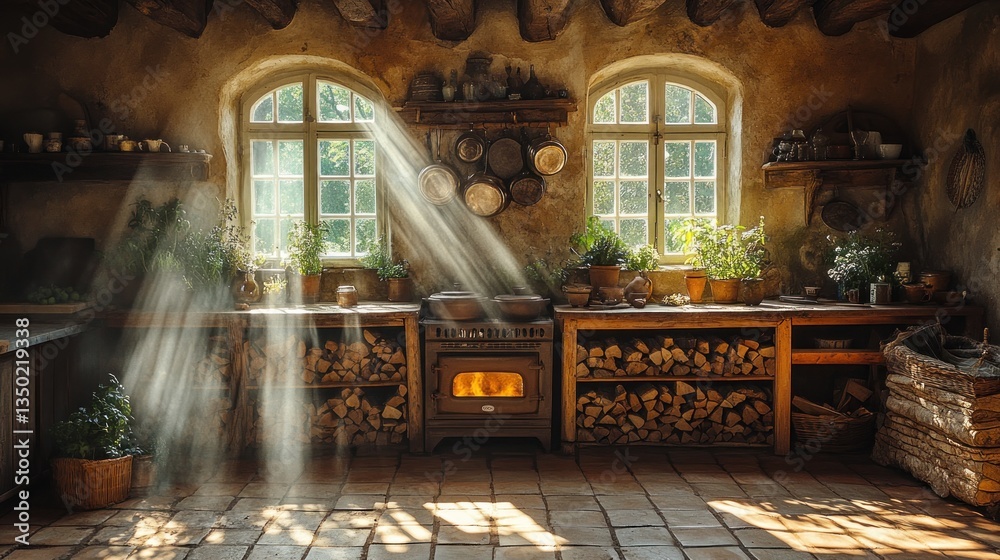 Obraz premium Sunlit rustic kitchen with wood stove and vintage decor
