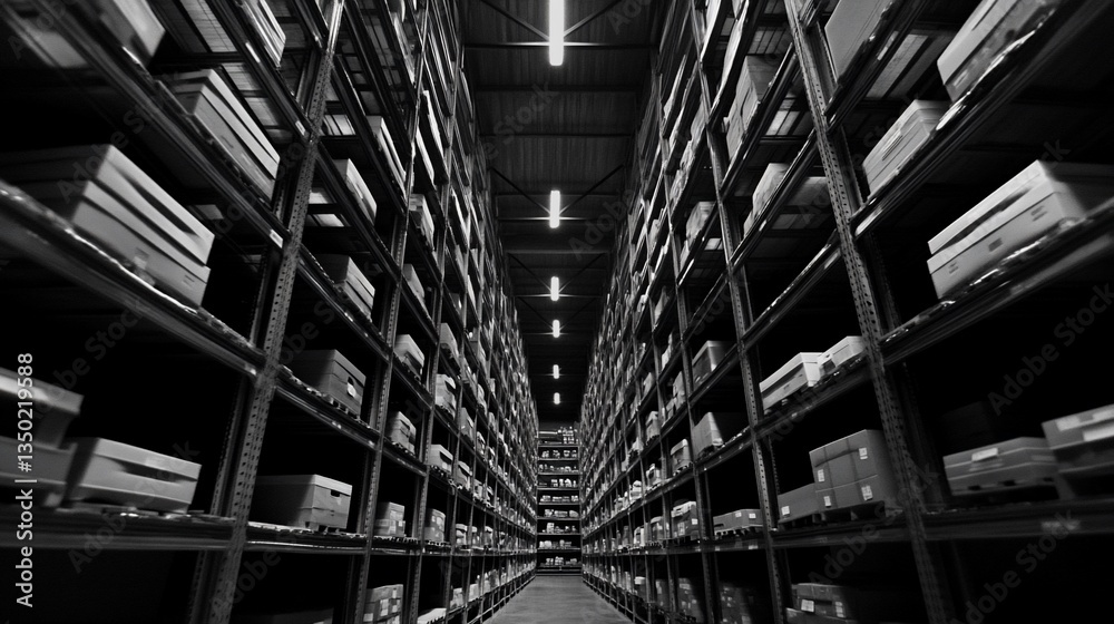Fototapeta premium Monochromatic Warehouse: A Symphony of Stacks and Shadows
