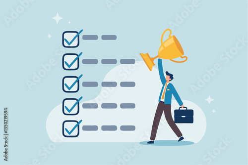 Habits or routine to success, checklist or factors to succeed and achieve goal, winner progress, planning, procedure or process concept, success businessman holding winner trophy with habit checklist.
