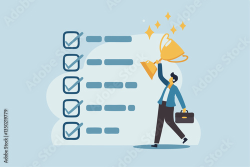 Habits or routine to success, checklist or factors to succeed and achieve goal, winner progress, planning, procedure or process concept, success businessman holding winner trophy with habit checklist.