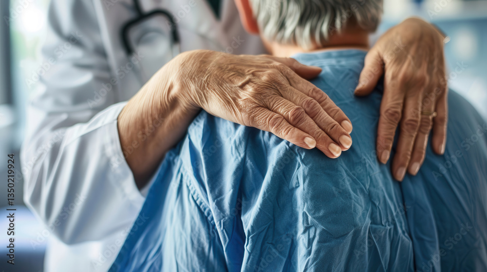 Fototapeta premium Healthcare Professional Comforting Patient Post-Surgery with Reassuring Touch in Hospital Setting