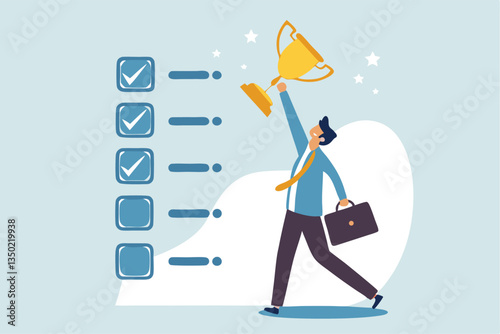 Habits or routine to success, checklist or factors to succeed and achieve goal, winner progress, planning, procedure or process concept, success businessman holding winner trophy with habit checklist.