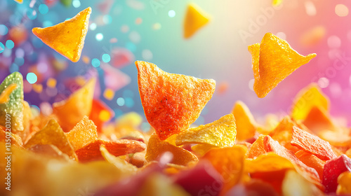 Abstract close-up of falling tortilla chips with a vibrant, blurred background