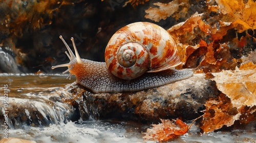 Autumn snail on rock by stream with fallen leaves photo