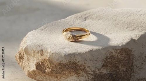 Gold ring, textured stone, sunlight, beach setting, jewelry advert