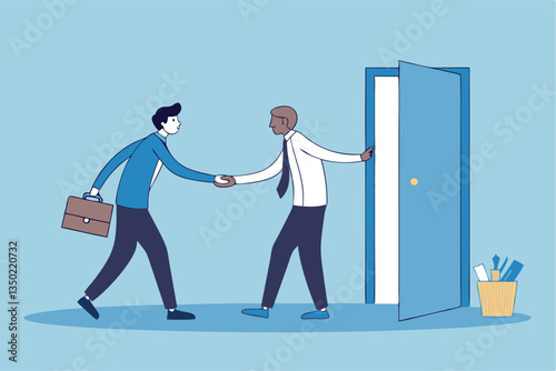 Offboarding process for employee leaving company, farewell or departure, quit job, decision for new opportunity, terminate work contract process, businessman manager check hands with leaving employee.