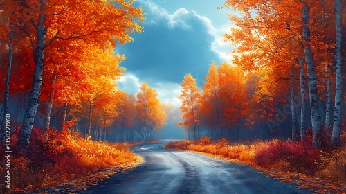 Winding forest in colorful autumn forest high resolution hd photo