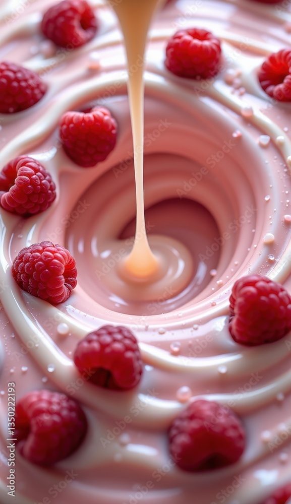 Fresh Raspberries with Cream Drizzle on Pink Background Fresh Raspberries with Cream Drizzle on Pink Background