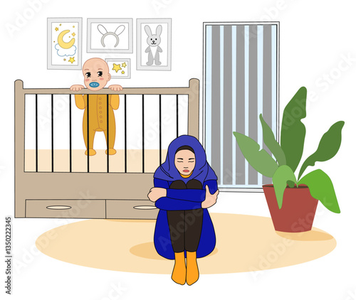 A mother in a blue hijab sits on the floor with a sad expression, hugging her knees, while her baby in a crib looks on vector illustration symbolizes postpartum depression and motherhood struggles