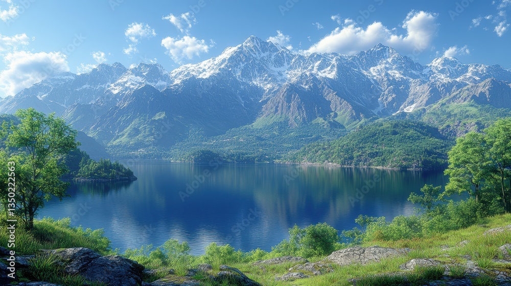Fototapeta premium Majestic mountain landscape with serene lake reflecting snow-capped peaks