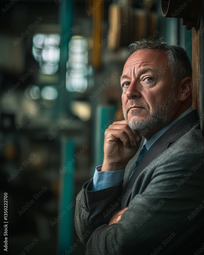 Confident businessman standing in a modern industrial setting with pride Confident businessman standing in a modern industrial setting with pride