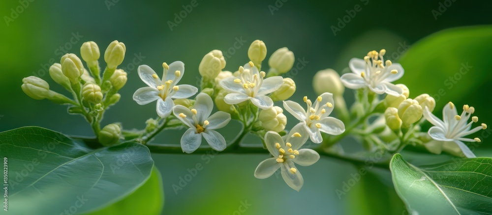 Obraz premium White blossoms branch, green bokeh