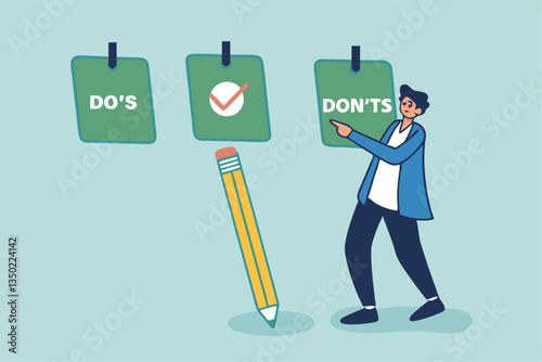Do and don't checklist, positive suggestion and negative to avoid, correct and false answer on paper note, wrong and right to do list concept, businessman write do and don't checklist on sticky notes.