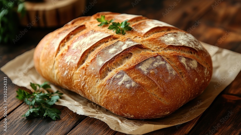 Freshly baked artisan bread on rustic wooden table Freshly baked artisan bread on rustic wooden table