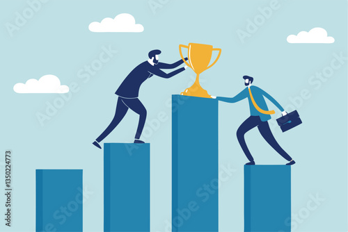 Manager support mentor or guidance help to reach success, consultant, assistance expert to help achieve business goal concept, businessman manager help employee to climb up to reach success trophy.