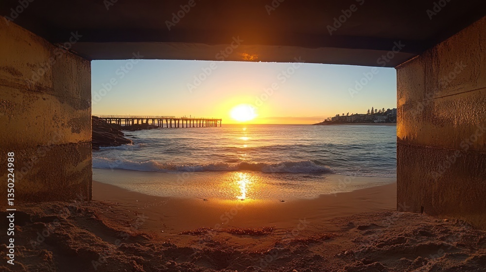 Fototapeta premium Sunrise pier beach view from tunnel