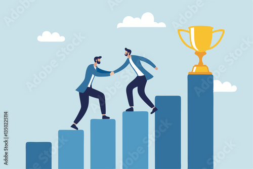 Manager support mentor or guidance help to reach success, consultant, assistance expert to help achieve business goal concept, businessman manager help employee to climb up to reach success trophy.