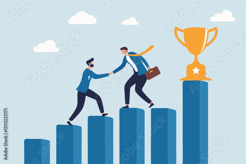 Manager support mentor or guidance help to reach success, consultant, assistance expert to help achieve business goal concept, businessman manager help employee to climb up to reach success trophy.