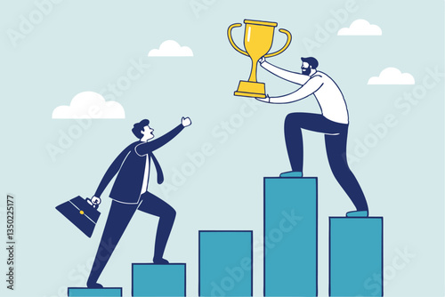 Manager support mentor or guidance help to reach success, consultant, assistance expert to help achieve business goal concept, businessman manager help employee to climb up to reach success trophy.
