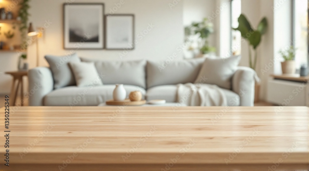A clean wooden table is in sharp focus in the foreground, with a cozy, modern and minimalist living room faintly visible in the background. A clean wooden table is in sharp focus in the foreground, with a cozy, modern and minimalist living room faintly visible in the background.