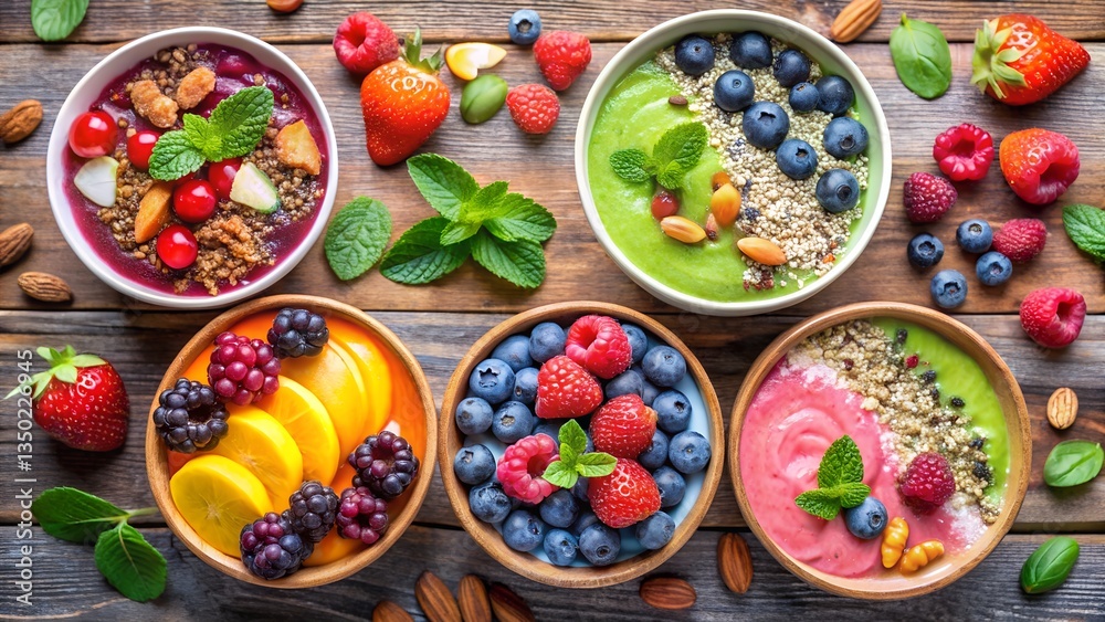 Assorted Smoothie Bowls with Fruits and Nuts Assorted Smoothie Bowls with Fruits and Nuts