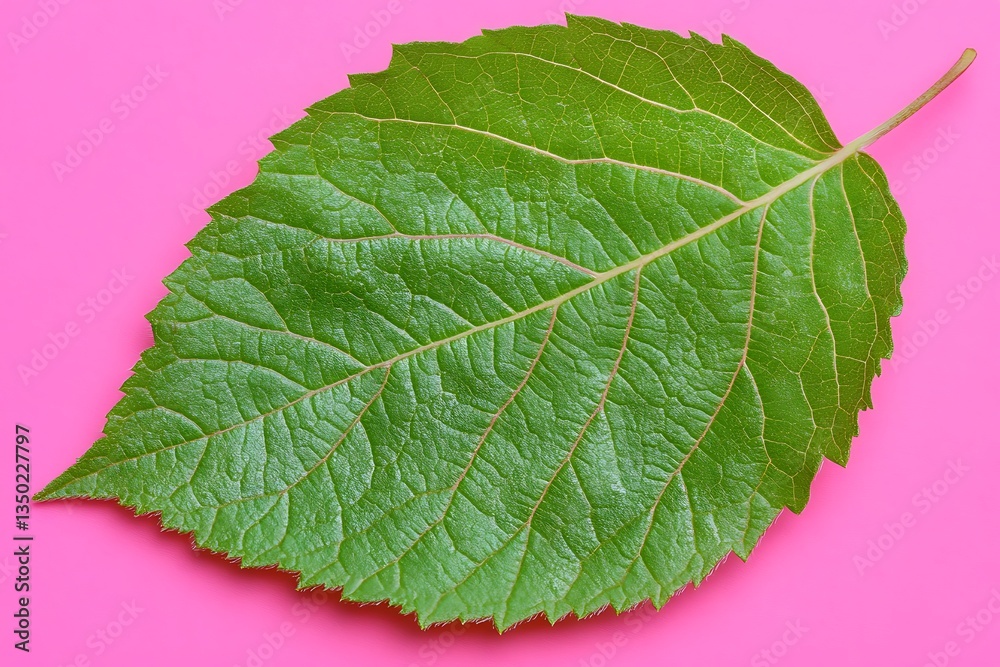 Obraz premium Vibrant green leaf detailed macro shot, colorful vivid pink background