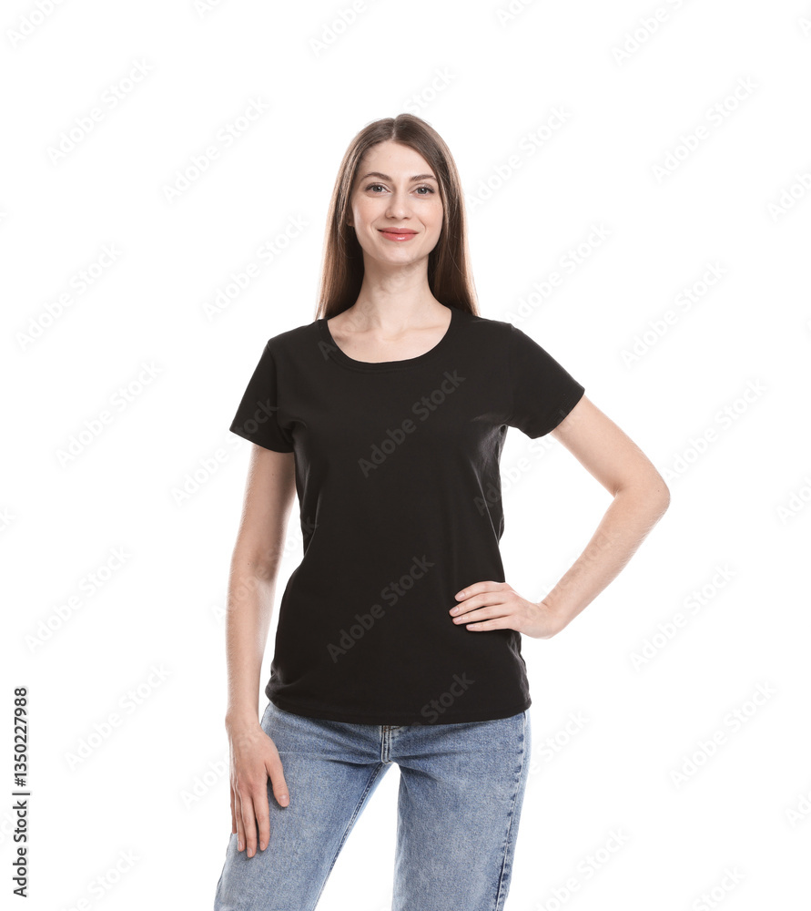 Woman wearing blank black t-shirt on white background. Mockup for design Woman wearing blank black t-shirt on white background. Mockup for design