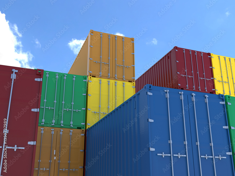 Fototapeta premium Stack of Colorful cargo containers stacked high under blue sky. import and export concept. 3d rendering illustration
