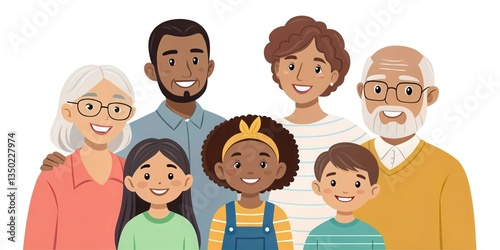 A multicultural family posing for a group photo, three generations together, white background, high-resolution vector art.