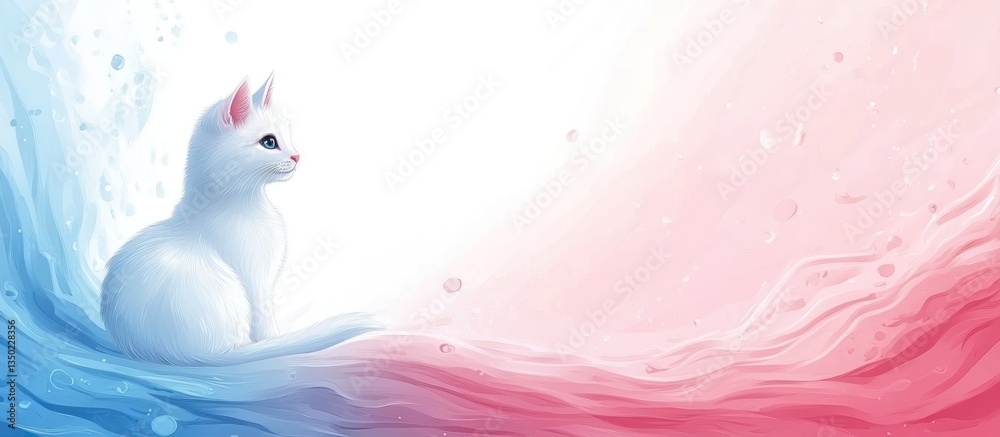 Obraz premium White cat on pink blue waves, serene background, digital art