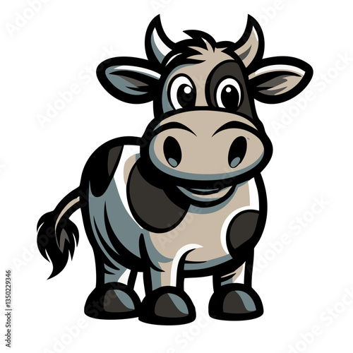 a cartoon cow with friendly, inviting eyes and a cheerful smile, with a playful stance and expressive details