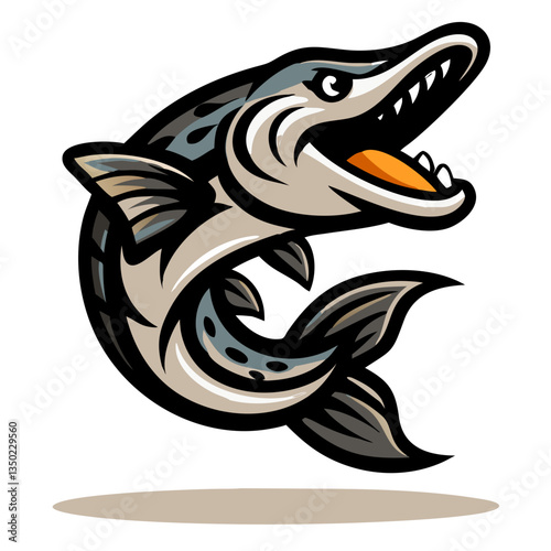 a stylized image of a ferocious pike with its mouth open and teeth bared