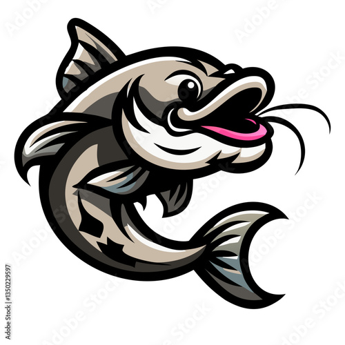 a stylized illustration of a catfish with detailed shading and a whimsical expression. The catfish appears to be in motion, with its mouth open