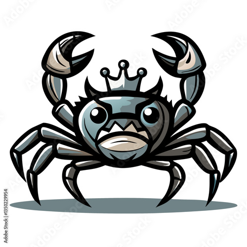 a crab cartoon with a crown and claws raised in a protective stance 